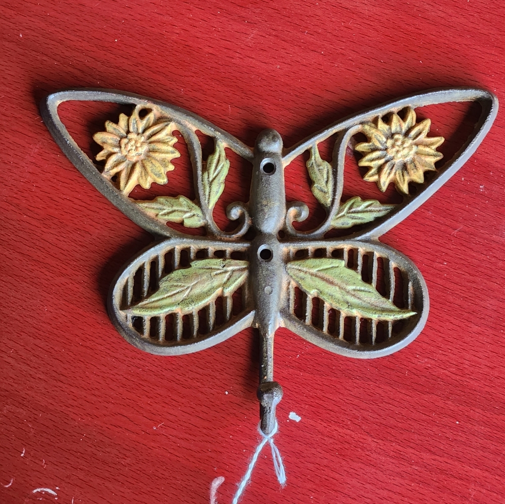 Marker's Marked Painted Iron Butterfly Wall Hook Sunflower and Leaf Detail